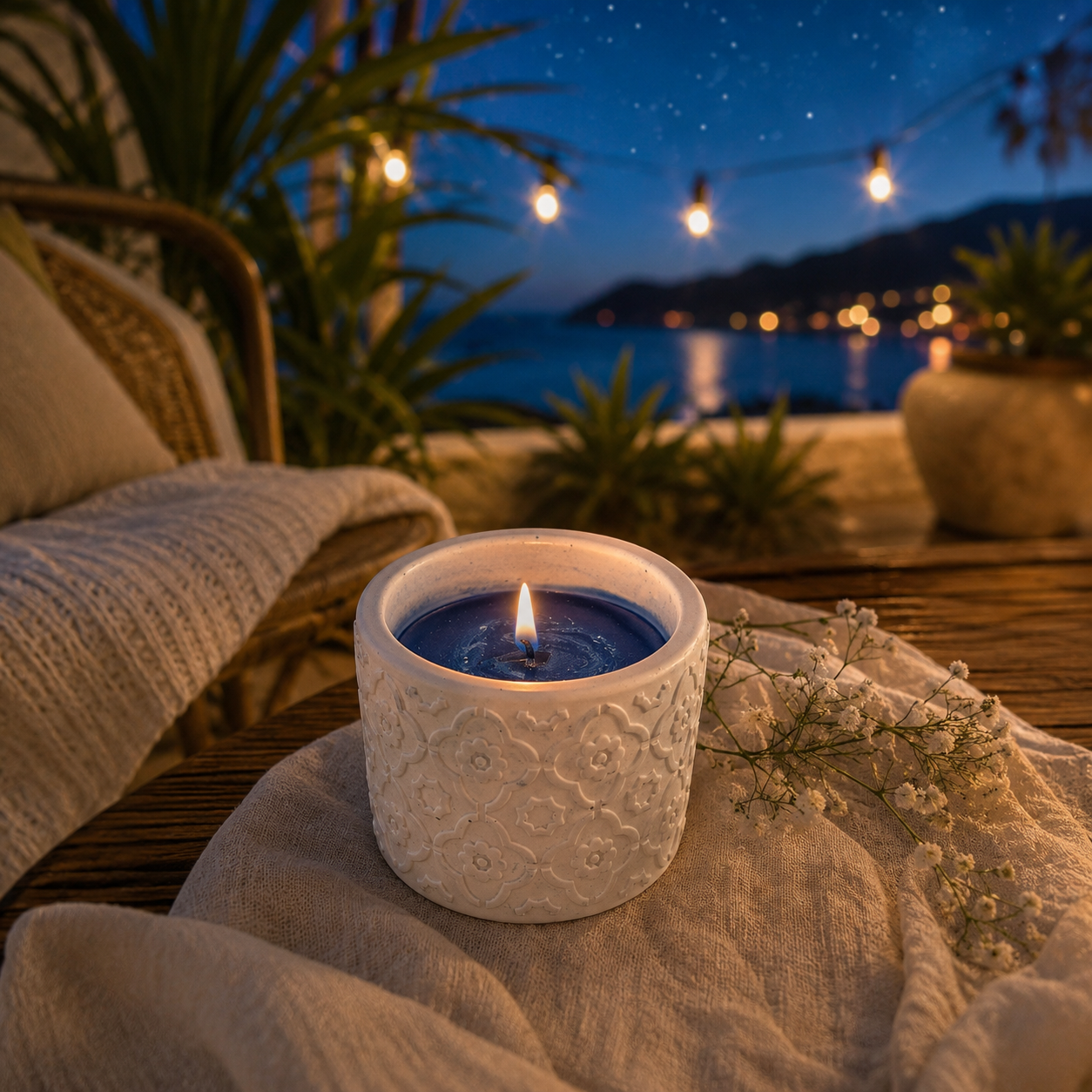 Vela Noches de verano - cera de soja azul con exterior en resina ecologica